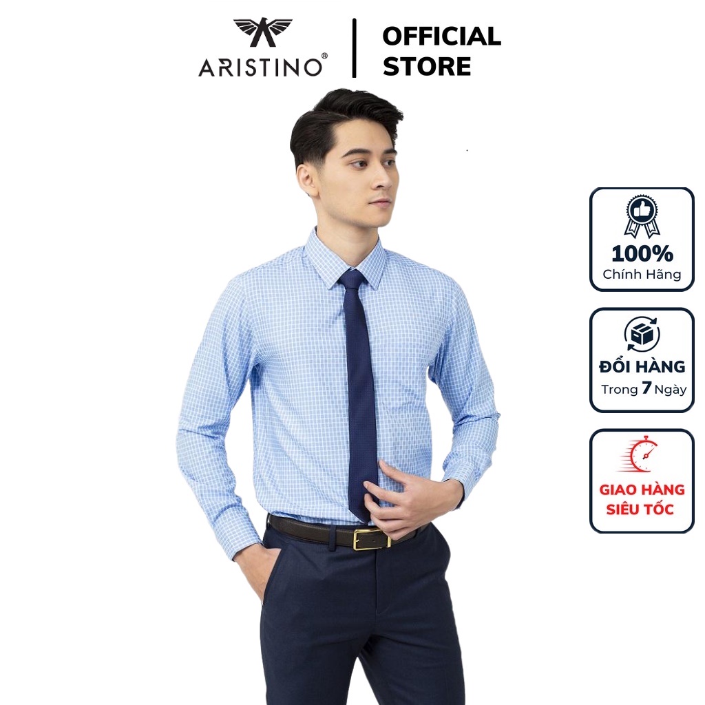 Áo sơ mi nam dài tay ARISTINO ALS33801 somi công sở chất liệu vải sợi tre cao cấp màu xanh kẻ trắng dáng suông có túi
