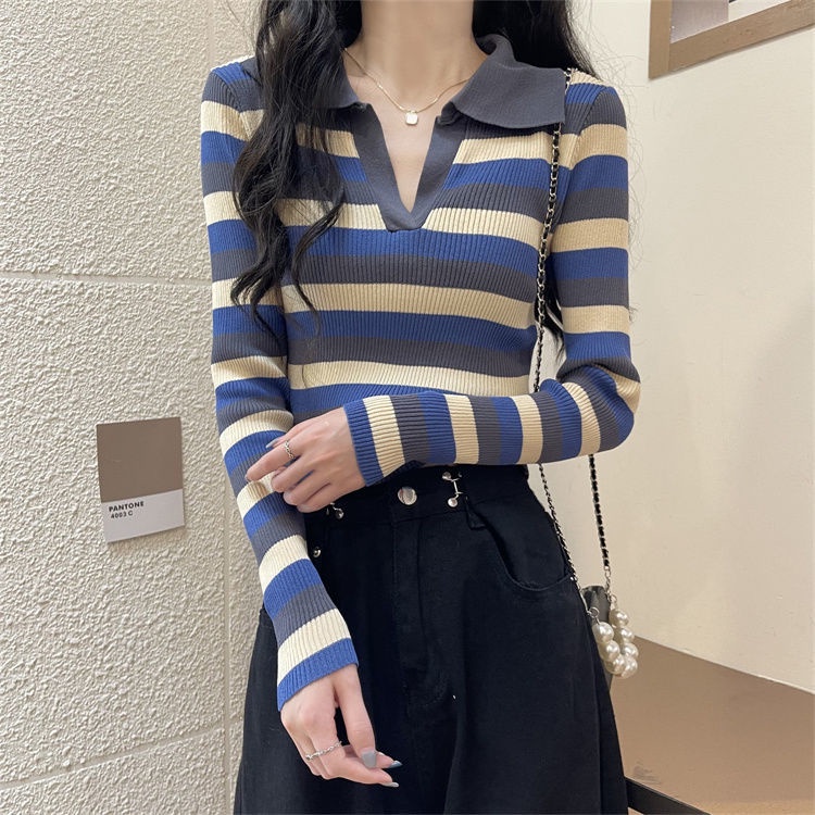 Áo polo Dệt Kim Dáng Ngắn Họa Tiết Kẻ Sọc Màu Sắc Tương Phản Thời Trang Cho Nữ