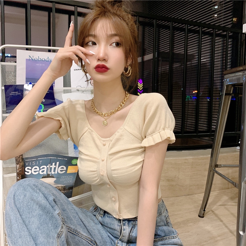 Áo Dệt Kim Tay Ngắn Màu Trơn Thời Trang Mùa Hè