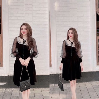 V274 Váy Nhung Pha Cổ Ren Viền Bèo Tiểu Thư , Đầm Dự Tiệc Tay Voan Hoạ Tiết Chấm Bi Vải Nhung Dày Dặn