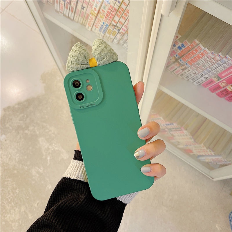 Ốp Điện Thoại Màu Xanh Lá Đính Nơ DIY Cho iPhone 13 Pro Max 12 Pro Max 11 Pro Max 7 8 Plus SE 2020 X Xs Max XR