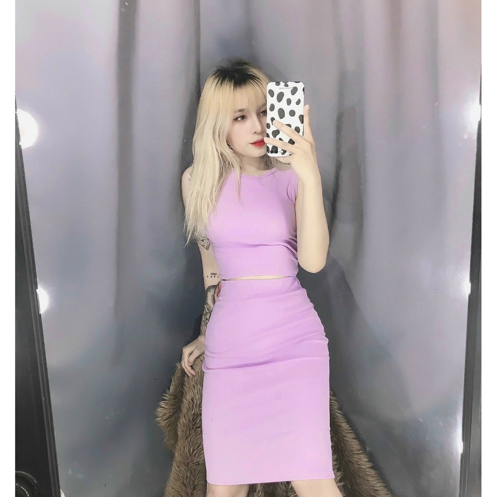 Sét bộ áo ba lỗ croptop trơn phối chân váy dài ôm body tôn dáng cực xinh , chất thun bozip mềm mịn