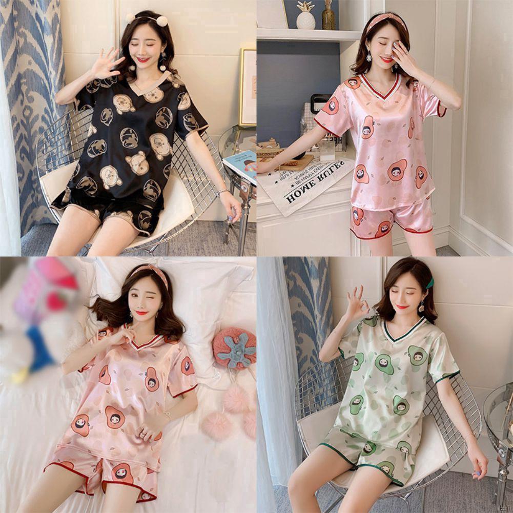 Bộ đồ ngủ Pijama ngắn tay cổ chữ V họa tiết hoạt hình thời trang nữ dễ thương