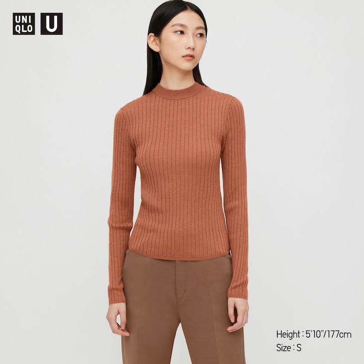 (UNIQLO Nhật chính hãng) NỮ- Áo len lông cừu Merino kẻ tăm cổ tròn  Merino Extra Fine Merino Rib Crew Neck Sweater