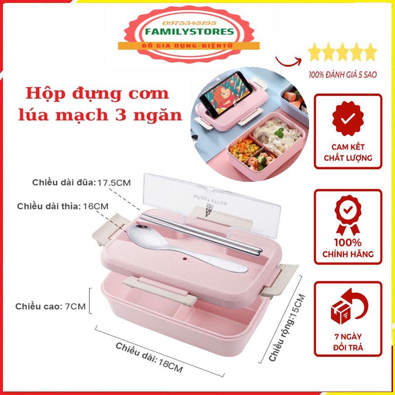 Hộp Đựng Cơm Văn Phòng Lúa Mạch Giữ Nhiệt 3 Ngăn Tặng Kèm Đũa Thìa Dùng Được Lò Vi Sóng