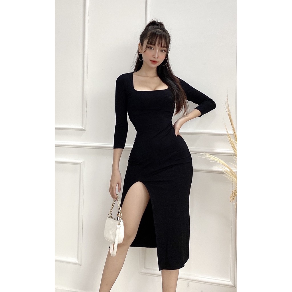 Đầm Body Qeen sẻ đùi màu đen thun cotton Cô Kim 7