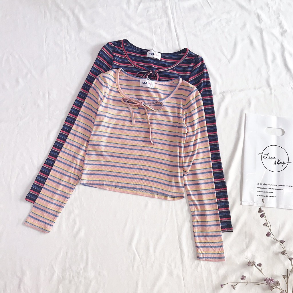 Áo croptop thun gân tay dài kẻ sọc cột nơ thời trang Lovi