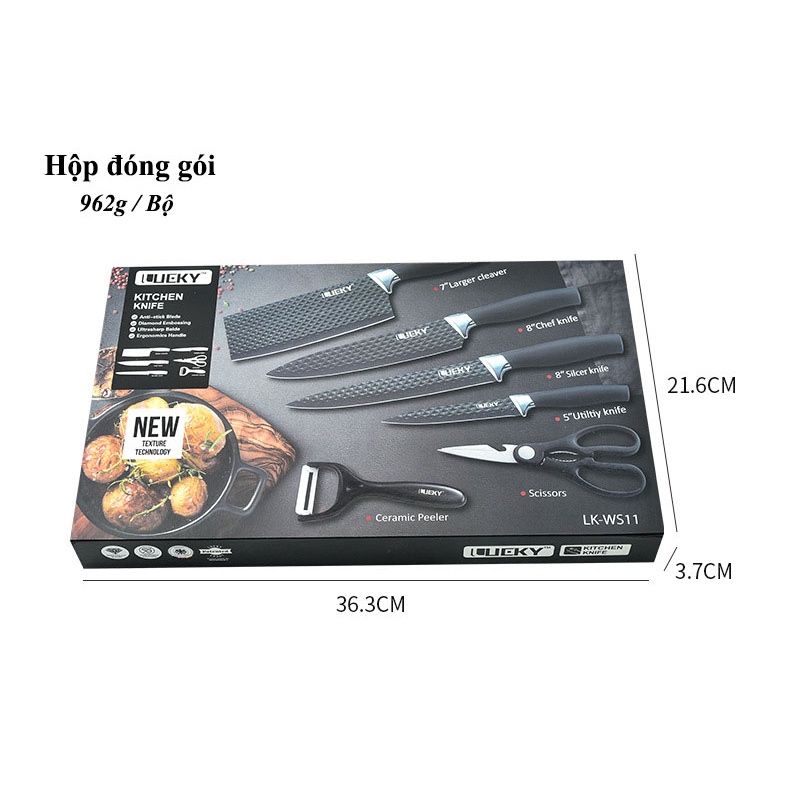 Bộ Dao Nhà Bếp Lucky 6 Món Inox Hoa Văn Kim Cương, Phủ Chống Dính Thương Hiệu Đức - luxcare68