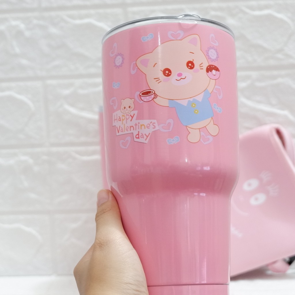 Giá sỉ Ly giữ nhiệt inox 900ml hình dora*mon, kitty tặng kèm ống hút và túi vải nk032