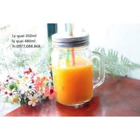 Cốc Thủy Tinh Có Quai 450ml (Nắp Lỗ), Cốc detox thủy tinh có nắp kèm ống hút siêu xinh