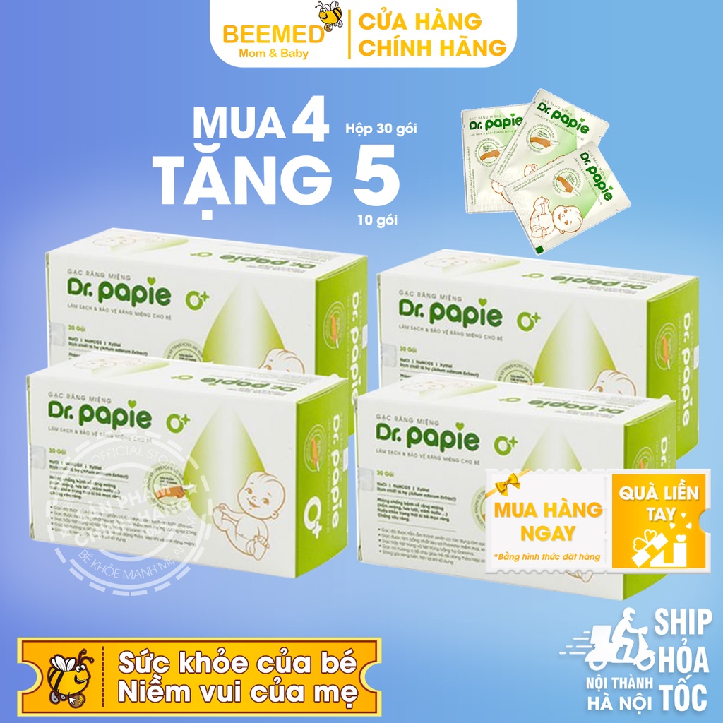 Gạc rơ lưỡi cho bé Dr Papie Combo 4 hộp 30 gói tặng 5 gói lẻ - Gạc lau răng, rơ miệng cho bé