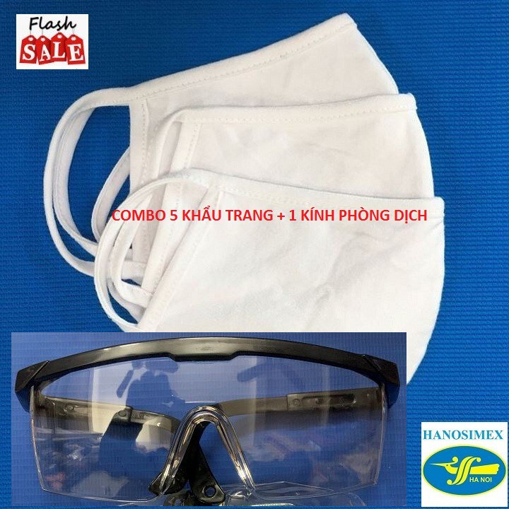 Combo 5 Khẩu Trang Vải Kháng Khuẩn Hanosimex, Kính Không Số Phòng Dịch Hiệu Quả