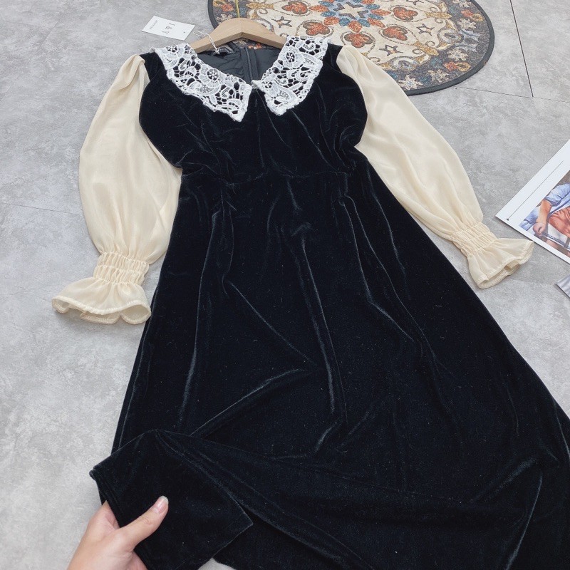 Váy Nhung phối Cổ Ren