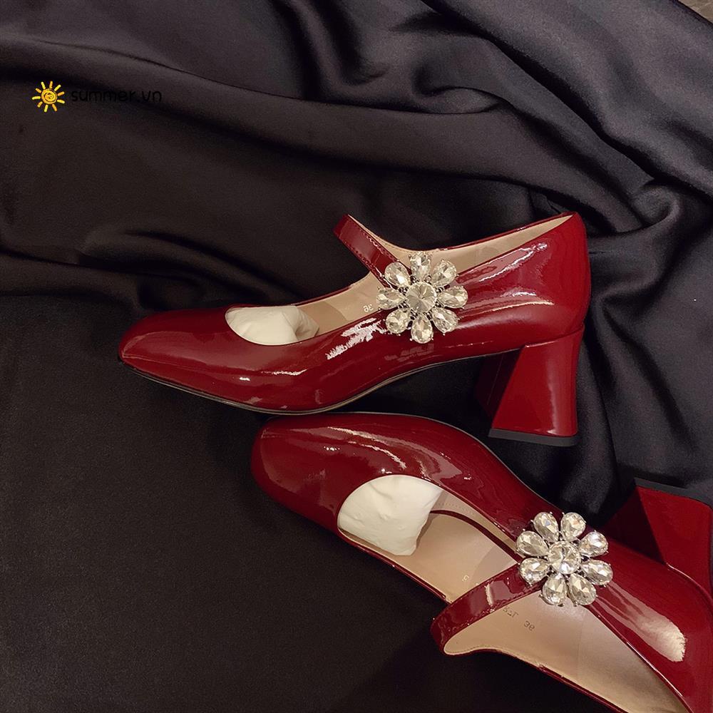 Giày Cao Gót Mary Jane Mũi Vuông Đính Đá Phong Cách Thời Trang Retro Mới 2022