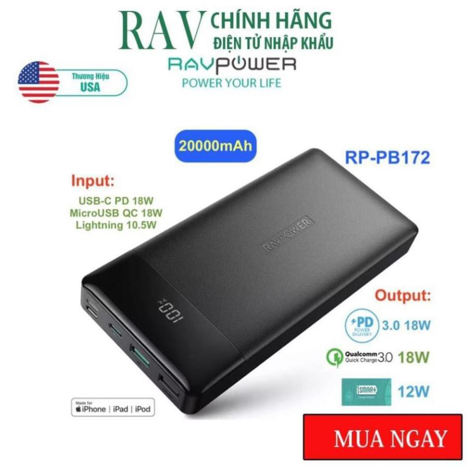 Pin sạc dự phòng RavPower RP-PB172 20000mAh, PD 3.0 18W &amp; QC 3.0 18W- THƯƠNG HIỆU USA- HÀNG CHÍNH HÃNG