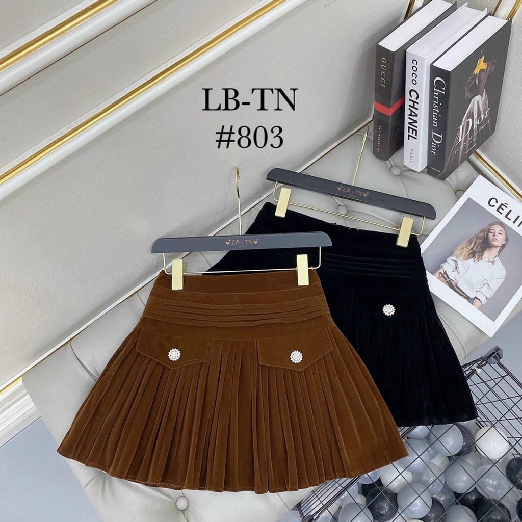 Chân váy xếp ly nữ NHẬT LINH chân váy nhung ngắn dáng xòe thiết kế phối nắp túi đính đá sang chảnh - CV469