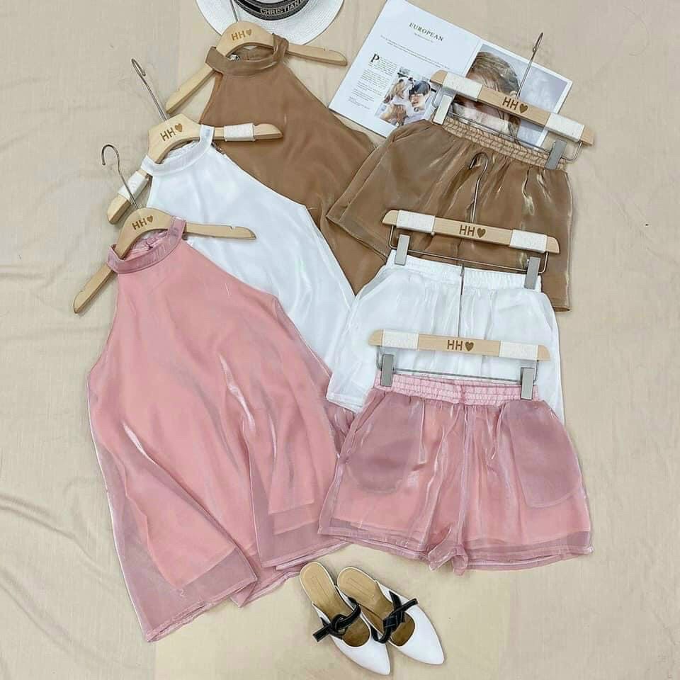 [[8.8 Sales Freeship] Set bộ voan cổ yếm kèm quân short đùi, bộ áo yếm babydoll xòe đi chơi, đi biển dễ thương