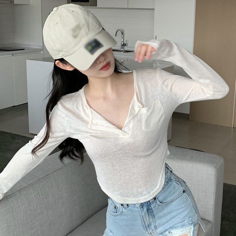 Áo Thun Tay Dài Dáng Ôm Vải Mỏng Thời Trang Mùa Hè Cho Nữ