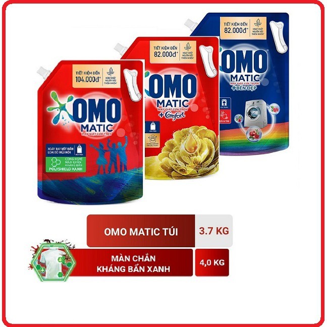 Túi nước giặt OMO MATIC Comfor tinh dầu thơm cho máy giặt cửa trên (3,7kg/túi)