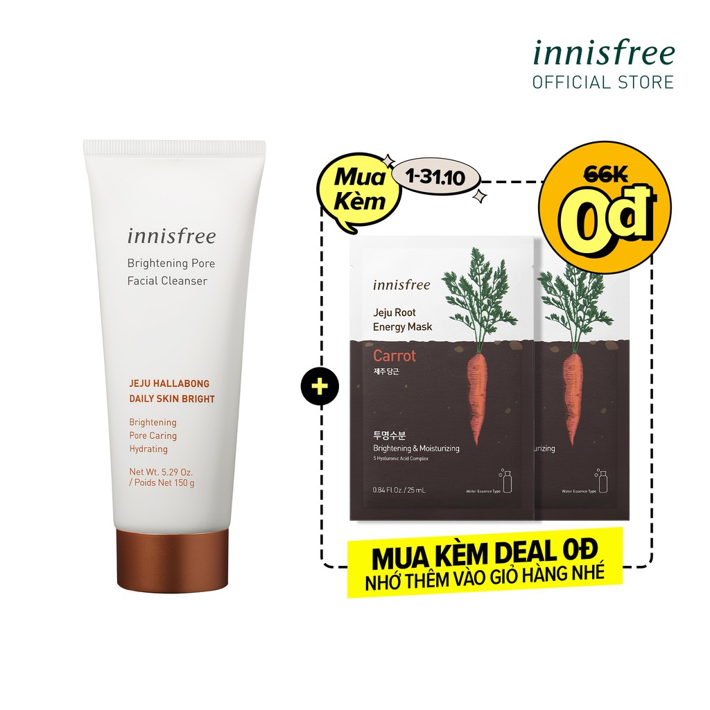 [Mã FMCGMALL -8% đơn 250K] Sữa rửa mặt làm sáng da 3 trong 1 innisfree Brightening Pore Facial Cleanser 150ml