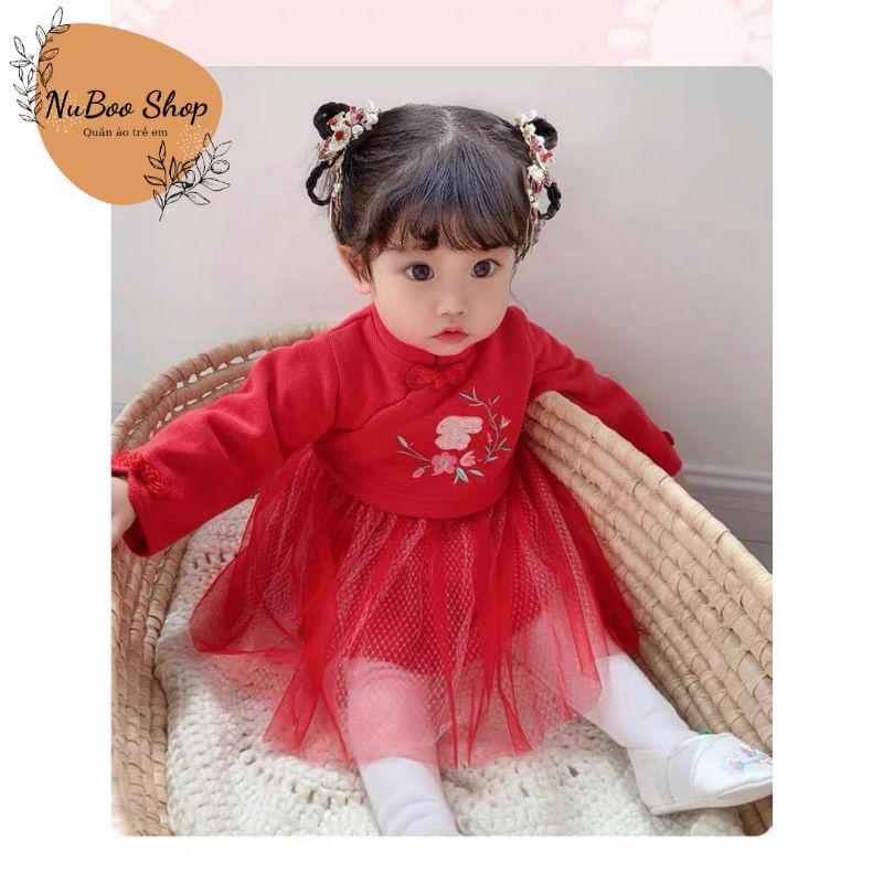 [Xả hàng] Áo dài cách tân mặc Tết cho bé gái, váy đỏ nỉ bông mặc Tết đám cưới sinh nhật cho bé, váy sườn xám