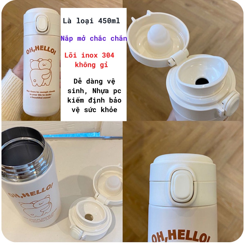 Bình nước giữ nhiệt INOX 304 không gỉ dung tích 450ml và Túi đựng bình giữ nhiệt IN hình chú gấu Ohaya dễ thương