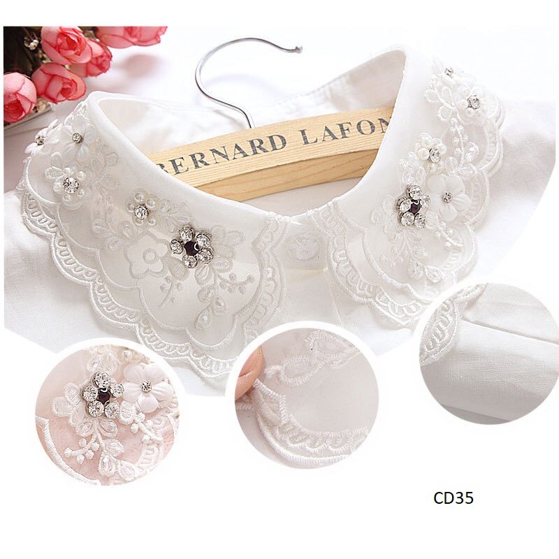 Cổ áo sơ mi tháo rời đính đá ren 2 tầng phối cùng áo không cổ, phù hợp công sở, thời trang thu đông - Mã CD46