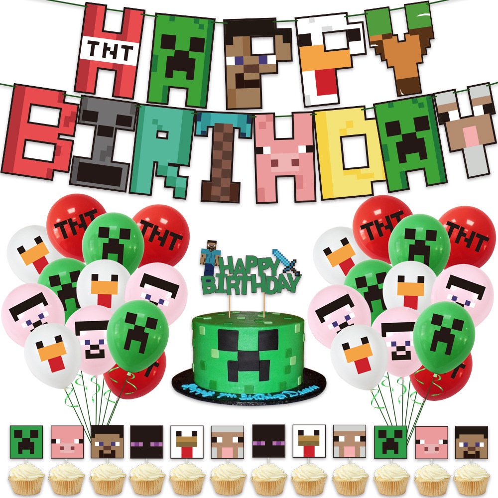 Bộ Bong Bóng Trang Trí Bánh Sinh Nhật Chủ Đề Minecraft My World Pixel