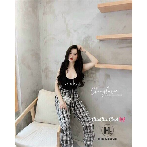 [8.8 Sales Freeship] Set bộ thể thao nữ, áo ba lỗ in chữ aloha  kèm quần dài joker caro ống túm mặc nhà dạo phố cá tính