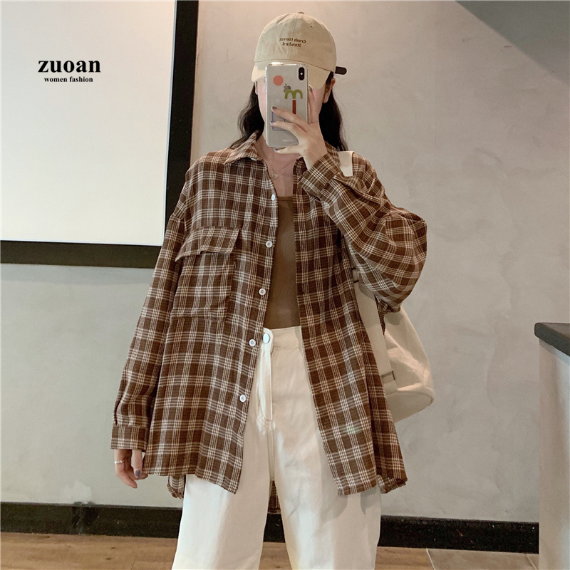 SUXI Áo Sơ Mi Ca Rô Ca Rô Có Túi Thời Trang Mùa Xuân Dành Cho Nữ