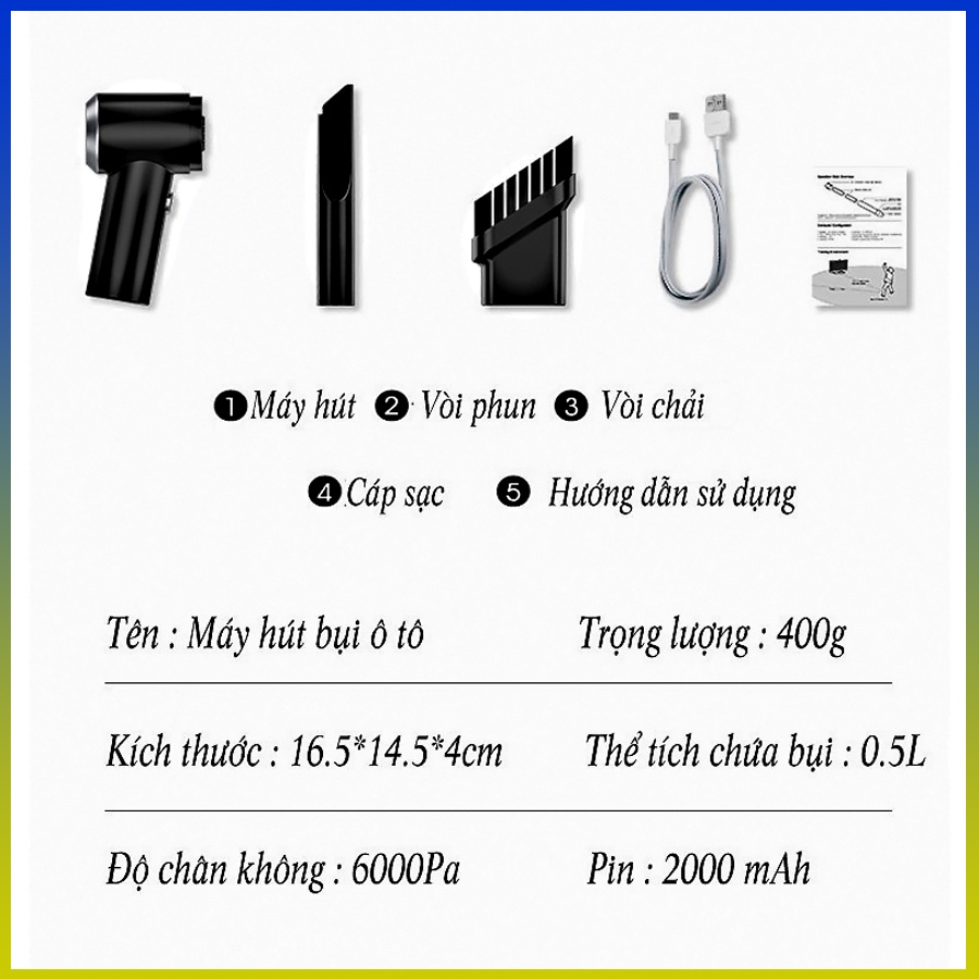 Máy hút bụi Ô tô mini cầm tay không dây-Hút bụi chân không cho nhà và xe bản nâng cấp-Công suất cao 100W,Hút lớn 9000pa
