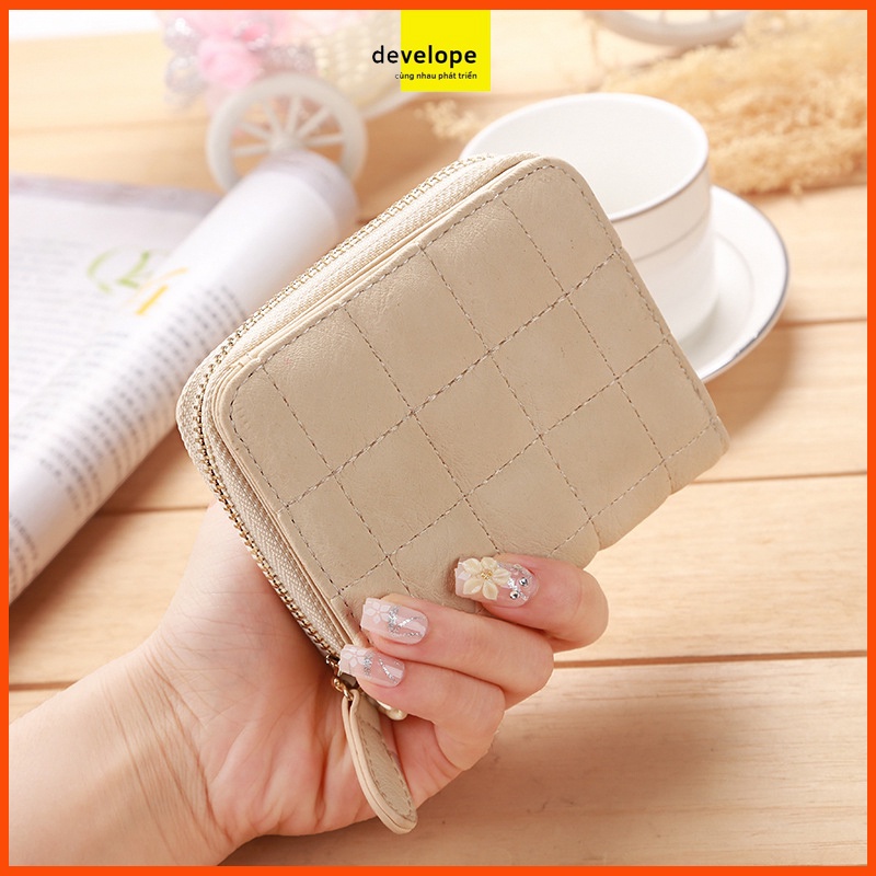 Ví nữ  DEVELOPE đựng thẻ / xu họa tiết da PU KIỂU CARO  nhỏ gọn