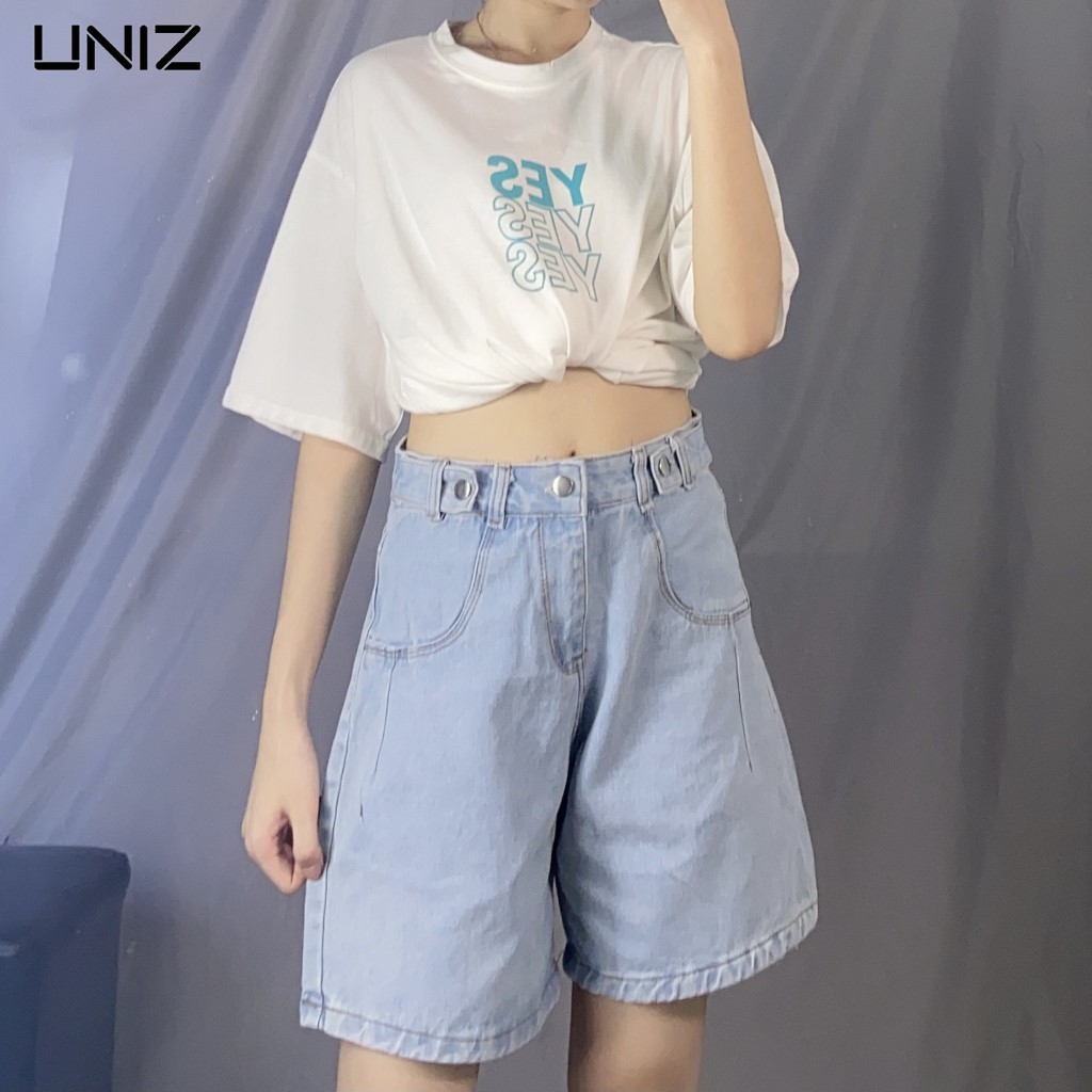 Quần Short Nữ UNIZ (Màu Xanh), Dáng Rộng, Cạp Cao, Ống Rộng, Suông, Vải Jean, Mềm Mịn, Co Giãn Nhẹ