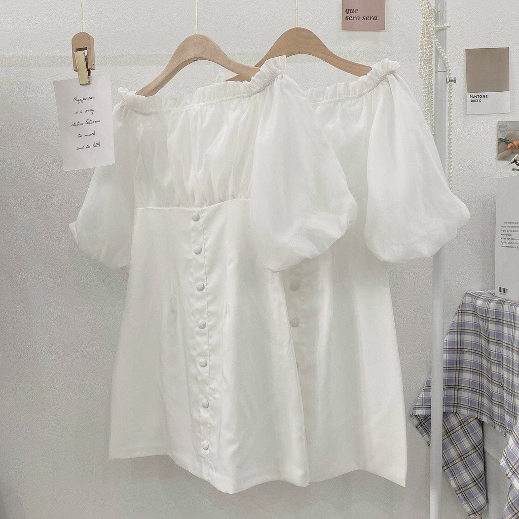 Đầm trễ vai tiểu thư xinh xắn vải thô đũi phối voan, Váy trắng nữ hở vai cúc bọc Rubyshop94