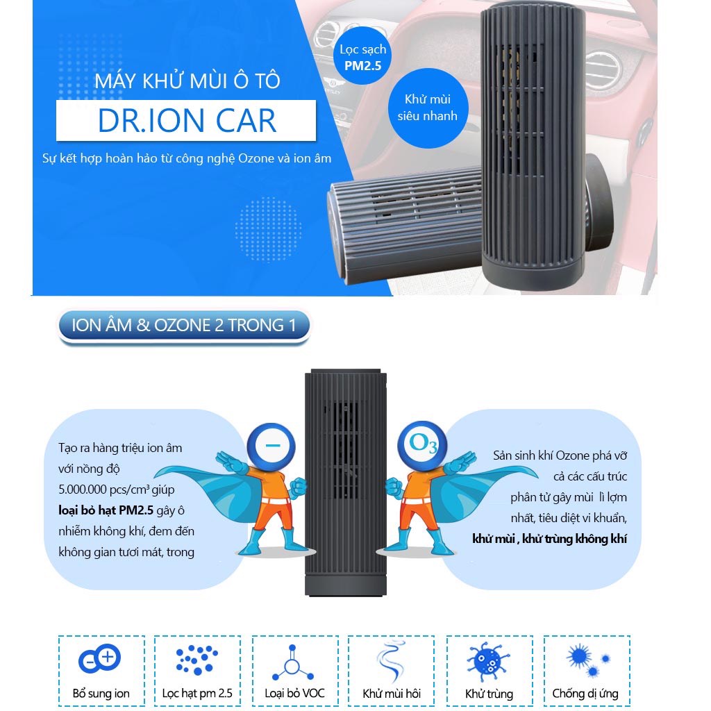 Máy lọc không khí ô tô tạo ion âm khử mùi xe hơi Dr-ion Car