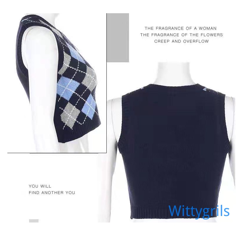 Wittygirls_shop | Women Sexy Knitted Vest, Sleeveless V-neck Plaid Short Waistcoat, Off Shoulder Vintage Tank Top