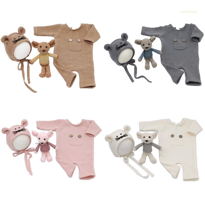 Set 3 món đồ liền thân cotton dệt kim + mũ hình chú chuột dùng làm phụ kiện chụp ảnh cho bé sơ sinh