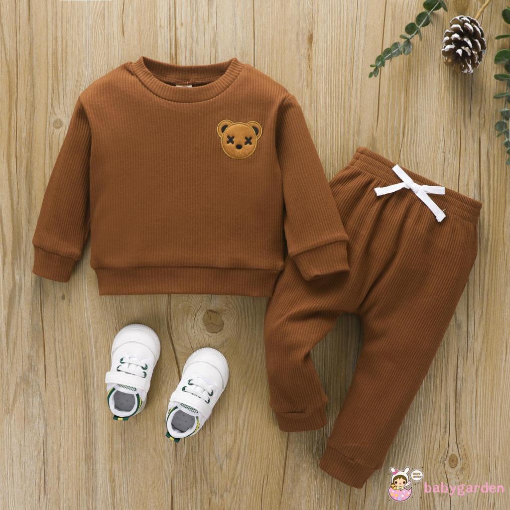 Set Áo Tay Dài Cổ Tròn Thêu Hình Gấu Phối Quần Dài Lưng Thun Co Giãn Tốt Thời Trang Cho Bé Trai 6 Tháng Tuổi-4 Tuổi