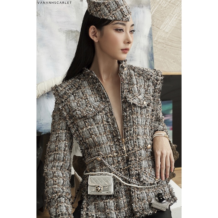 Áo khoác tweed VANANHSCARLET Đáp vai xẻ tà