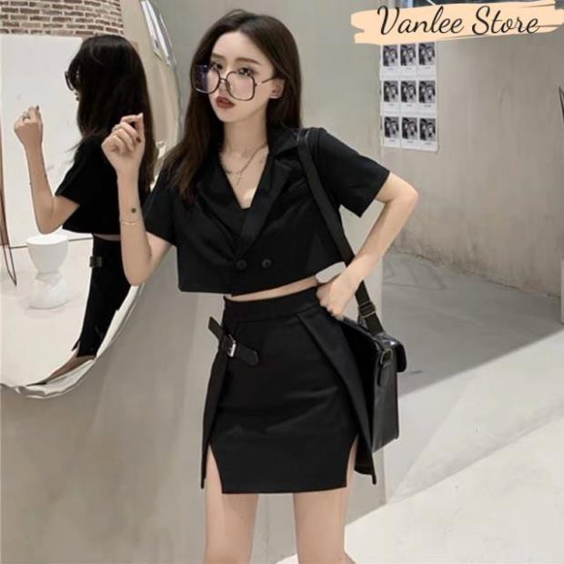 Set bộ vest croptop mix chân váy xẻ đen phong cách hàn quốc