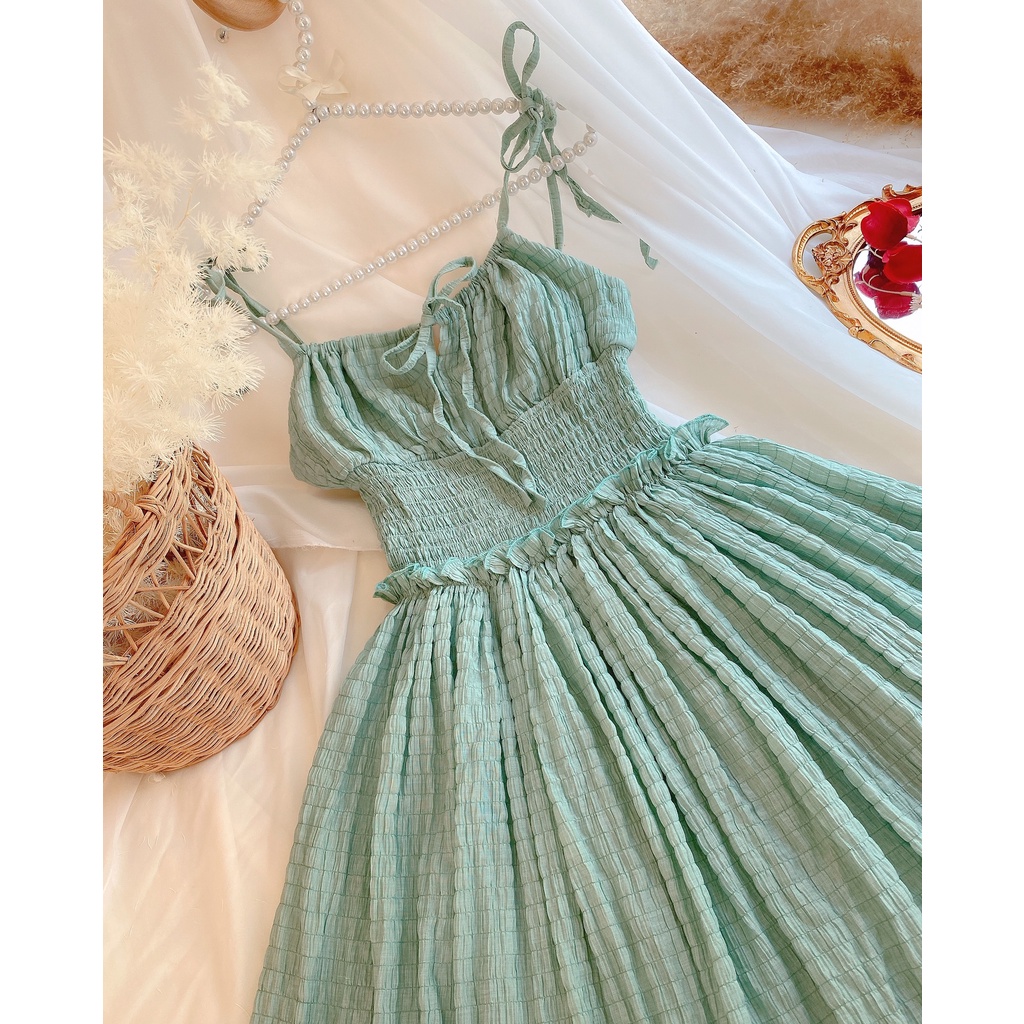 Đầm Maxi dáng xòe Nữ Đi Chơi Thiết Kế 2 Dây Nơ Bên Vai Xinh Xắn