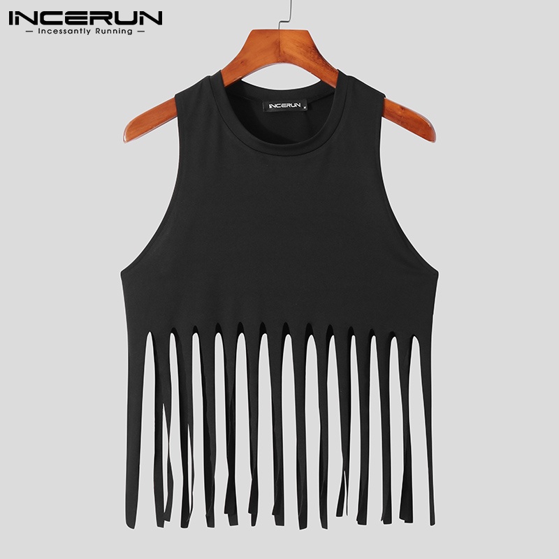 INCERUN Áo Thun Ba Lỗ Màu Đen Phối Tua Rua Thời Trang Mùa Hè Cho Nam Giới