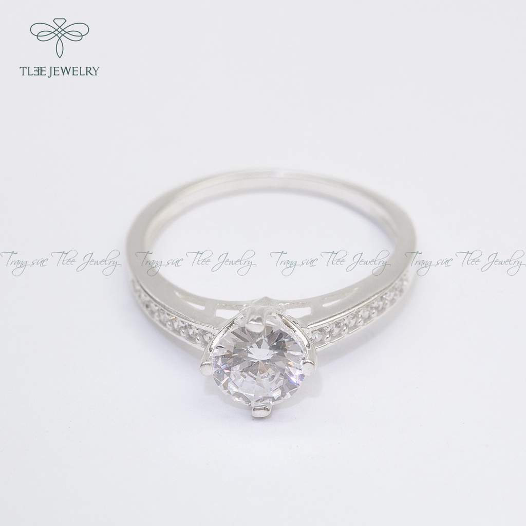 Nhẫn bạc nữ TLEE trụ đá bốn chấu viền nạm đá sang tay NCJ A0159