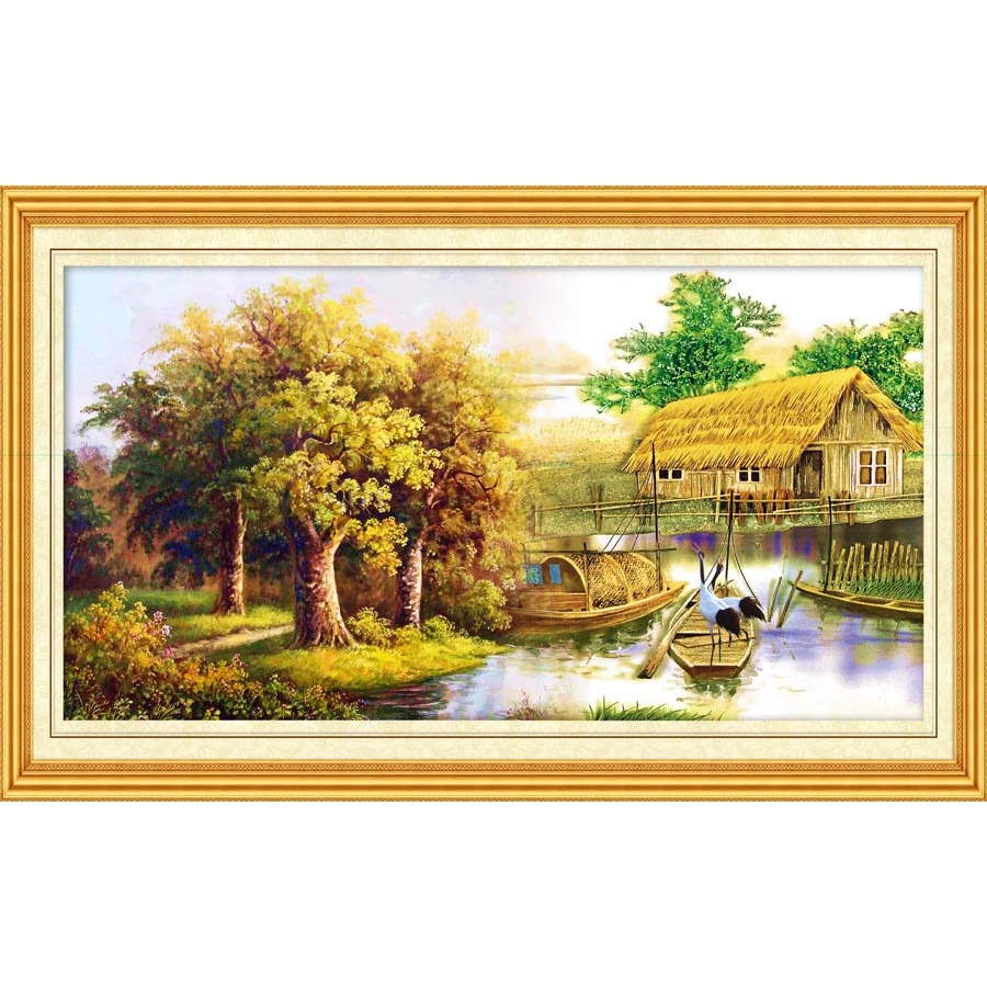 Tranh Đồng Quê Vải Lụa 3D Dán Tường Cao Cấp tặng kèm dụng cụ dán