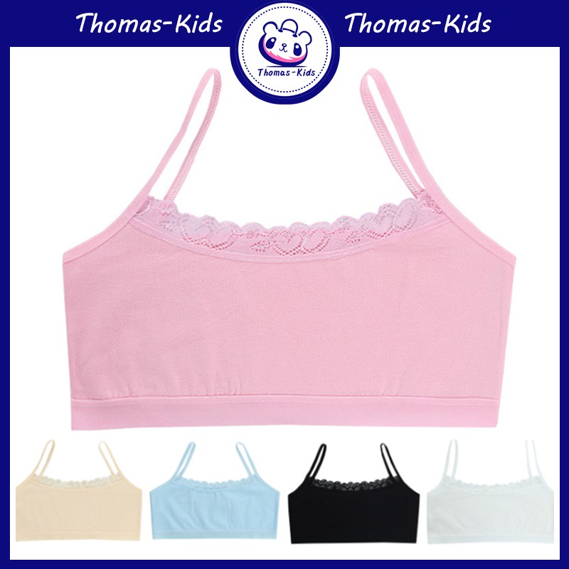 Áo ngực vải cotton phối ren thoáng khí màu trơn thoải mái cho bé gái B204