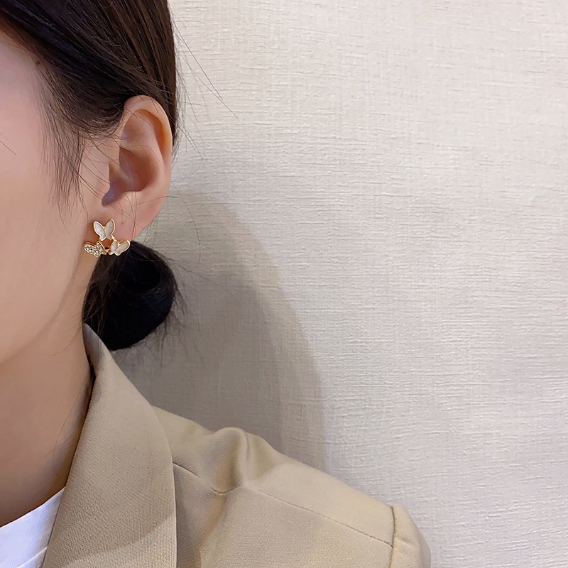 Bông Tai Mạ Bạc 925 Hình Bướm Đính Đá Phong Cách Hàn Quốc Xinh Xắn