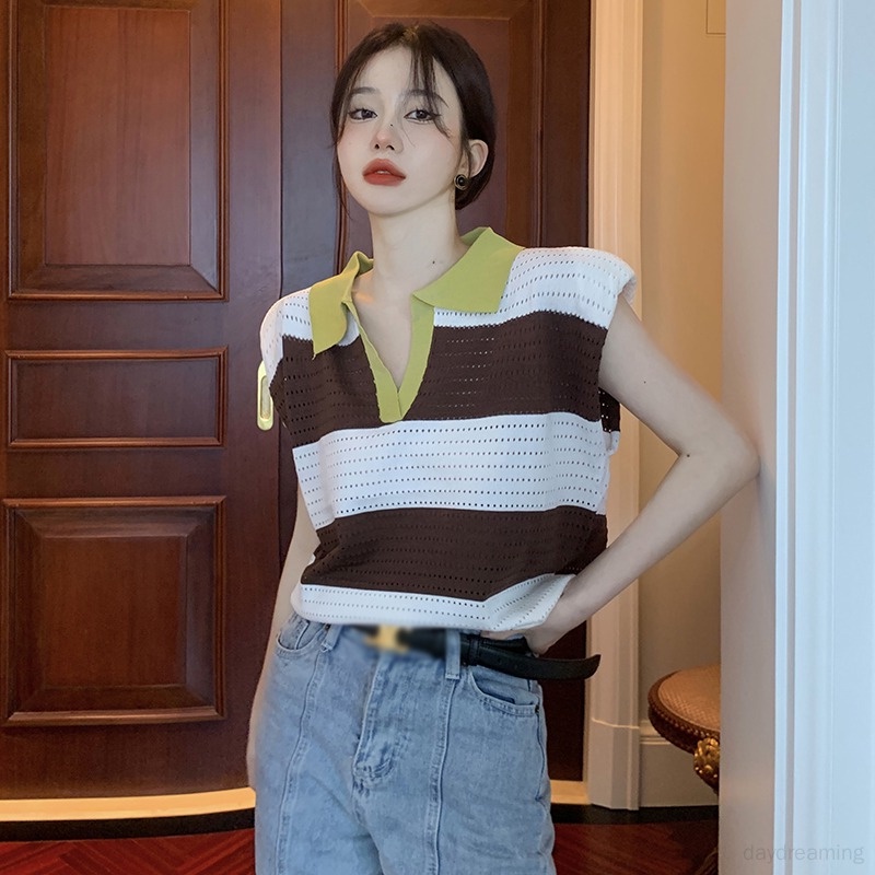 Áo Tank Top Dệt Kim Dáng Rộng Kẻ Sọc Thời Trang Mùa Hè Cho Nữ