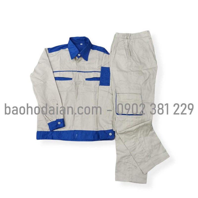 Quần áo bảo hộ lao động vải kaki 31 túi hộp ghi phối xanh dương - M02