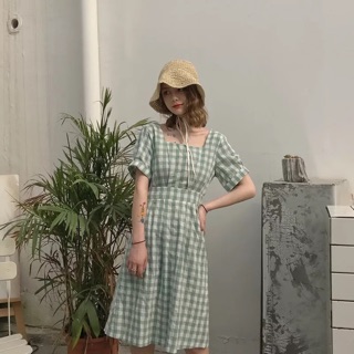 [ Sẵn ] Váy ulzzang/Đầm ulzzang cổ vuông đan dây lưng kẻ sọc