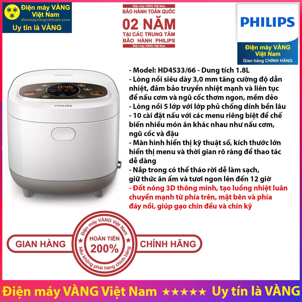 Nồi cơm điện Philips HD4515 HD4533 HD4528 - Hàng chính hãng (Bảo hành 2 năm trên toàn quốc)